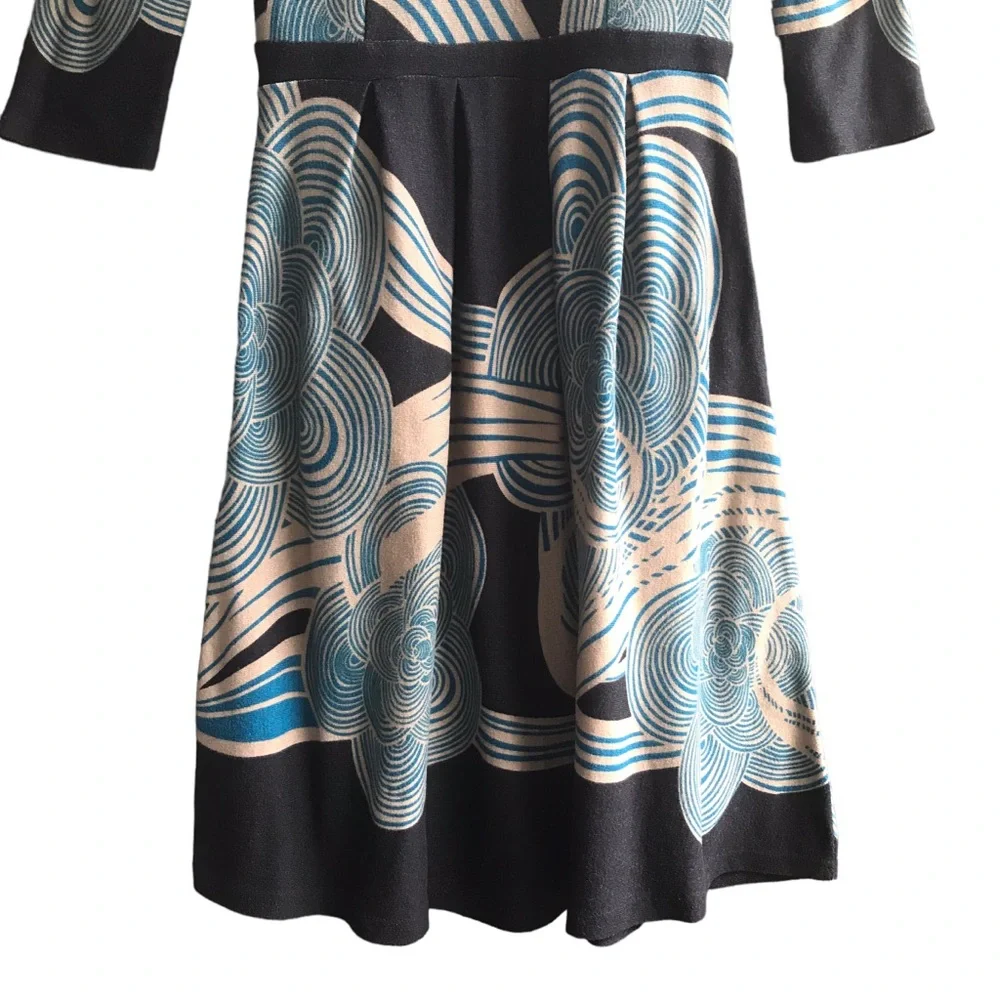 REBORN Boho Swirls Dress Pockets Size L Black Blue Art Deco 3/4 Sleeves Comfy